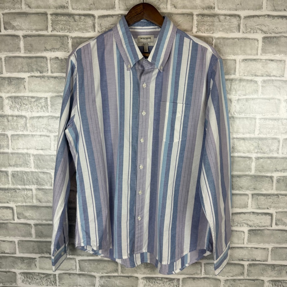 Bonobos Slim Fit Oxford Cloth Shirt Mens Large L Blue Purple Striped Long Sleeve